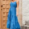 Mid Blue Denim Tiered Midi Dress