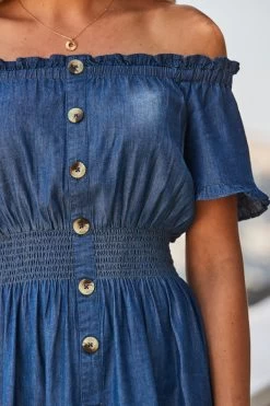 Dark Indigo Shirred Waist Bardot Denim Dress -Trendora Shop web 2305 66 s23dd061io003w 66 reshoot 294