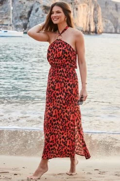 Red Leopard Print Halter Neck Sunshine Dress