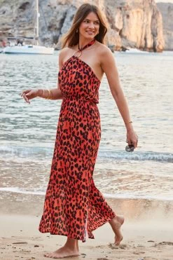 Red Leopard Print Halter Neck Sunshine Dress -Trendora Shop web 2305 82 s23rw029ldor01 82 100