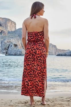 Red Leopard Print Halter Neck Sunshine Dress -Trendora Shop web 2305 82 s23rw029ldor01 82 528