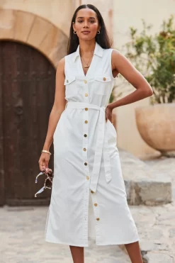 Ivory Belted Denim Midi Dress -Trendora Shop web 2306 118 s23dd054nl0006 118 266