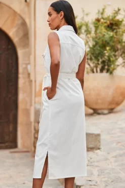 Ivory Belted Denim Midi Dress -Trendora Shop web 2306 118 s23dd054nl0006 118 358