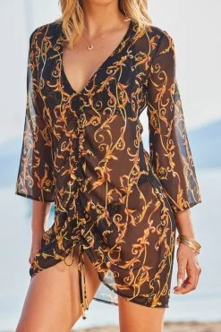 Black & Gold Baroque Print Ruched Front Kaftan -Trendora Shop web 2306 35 s23rw028bkcv01 35 255