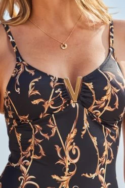 Black & Gold Baroque Print Cut Out Detail Swimsuit -Trendora Shop web 2306 37 s22hj039bkcv01 37 287