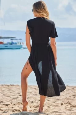 Black Crinkle Angel Sleeve Wrap Beach Dress -Trendora Shop web 2306 38 s23dw180bk0001 38 266
