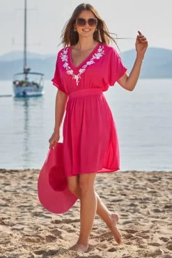 Pink Embroidered Floral Detail Tie Back Beach Kaftan 12 Pink Embroidered Floral Detail Tie Back Beach Kaftan -Trendora Shop web 2306 49 s21rw013pk0020 49 032