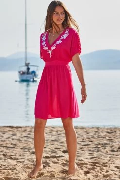 Pink Embroidered Floral Detail Tie Back Beach Kaftan 11 Pink Embroidered Floral Detail Tie Back Beach Kaftan -Trendora Shop web 2306 49 s21rw013pk0020 49 099