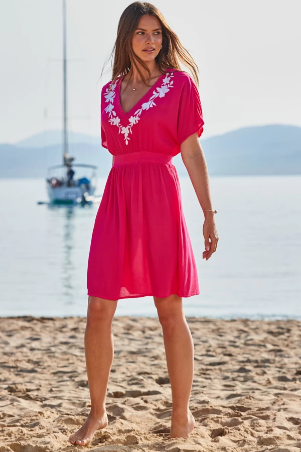 Pink Embroidered Floral Detail Tie Back Beach Kaftan 4 Pink Embroidered Floral Detail Tie Back Beach Kaftan - Image 4