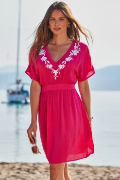 Pink Embroidered Floral Detail Tie Back Beach Kaftan