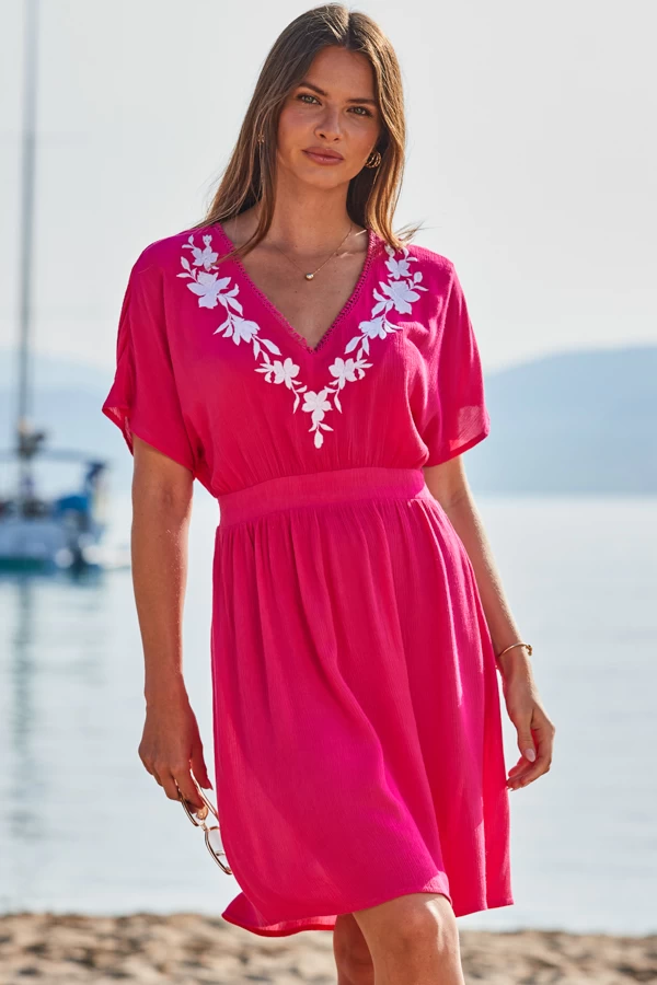 Pink Embroidered Floral Detail Tie Back Beach Kaftan 2 Pink Embroidered Floral Detail Tie Back Beach Kaftan - Image 2