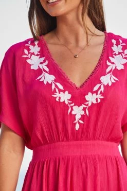 Pink Embroidered Floral Detail Tie Back Beach Kaftan 13 Pink Embroidered Floral Detail Tie Back Beach Kaftan -Trendora Shop web 2306 49 s21rw013pk0020 49 286