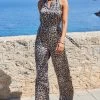 Natural Animal Print Satin High Neck Keyhole Detail Jumpsuit