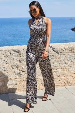 Natural Animal Print Satin High Neck Keyhole Detail Jumpsuit