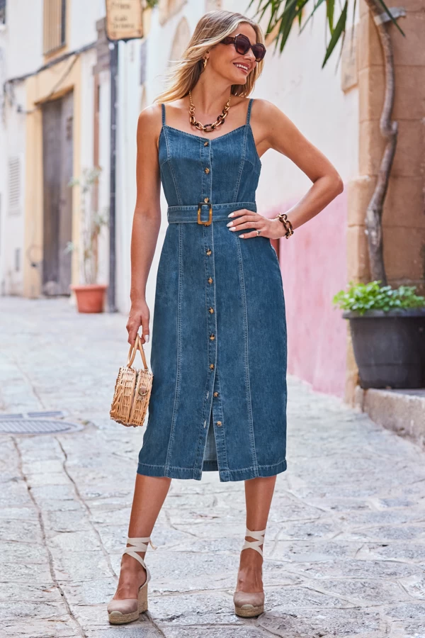 Dark Indigo Button Front Buckle Detail Denim Midi Dress 6 Dark Indigo Button Front Buckle Detail Denim Midi Dress - Image 6