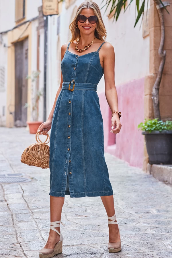Dark Indigo Button Front Buckle Detail Denim Midi Dress 1 Dark Indigo Button Front Buckle Detail Denim Midi Dress