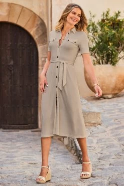 Stone Ponte Fit & Flare Midi Shirt Jersey Dress