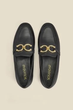 Black Leather Gold Trim Detail Loafers -Trendora Shop web 2306 box s23fw031bk0001 c