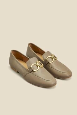 Taupe Leather Gold Trim Detail Loafers