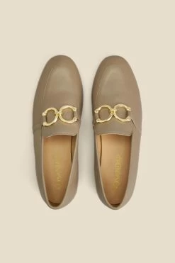 Taupe Leather Gold Trim Detail Loafers -Trendora Shop web 2306 box s23fw031bn0003 c
