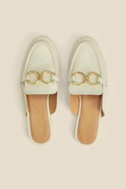 Ecru Leather Gold Trim Detail Mule Loafers -Trendora Shop web 2306 box s23fw032eu0001 c