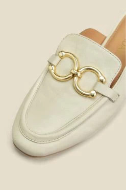 Ecru Leather Gold Trim Detail Mule Loafers -Trendora Shop web 2306 box s23fw032eu0001 d