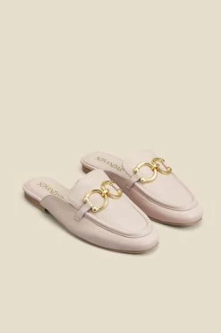 Pale Pink Leather Gold Trim Detail Mule Loafers