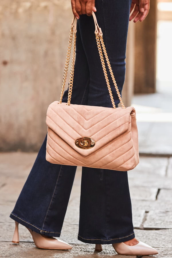 Taupe Faux Suede Quilted Clasp Detail Cross Body Bag 1 Taupe Faux Suede Quilted Clasp Detail Cross Body Bag