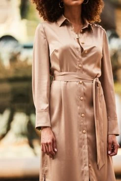 Camel Satin Belted Midi Shirt Dress -Trendora Shop web 2307 10 s23dw209bn0003 10 245