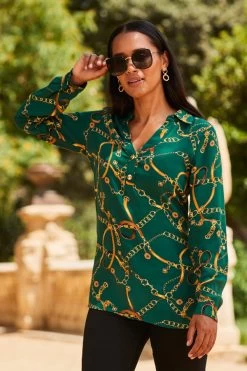 Green Chain Print Tunic Blouse -Trendora Shop web 2307 110 a23tw027grcv01 110 167