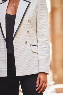 Ivory Boucle Blazer With Faux Leather Trim 12 Ivory Boucle Blazer With Faux Leather Trim -Trendora Shop web 2307 19 s23ow080iv0001 s23bd012bk0001 19 219