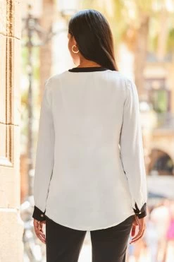 White Contrast Trim Longline Blouse -Trendora Shop web 2307 22 s23tw172wh0001 s23bw023bk0001 22 464