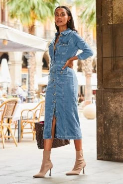 Mid Blue Pocket Detail Denim Pencil Dress