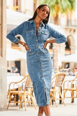 Mid Blue Pocket Detail Denim Pencil Dress -Trendora Shop web 2307 23 s23dd066be0010 23 129