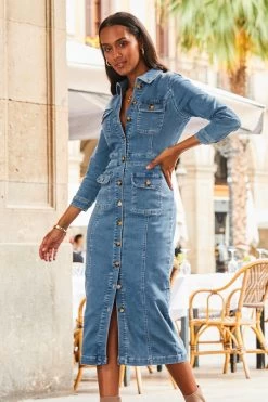 Mid Blue Pocket Detail Denim Pencil Dress -Trendora Shop web 2307 23 s23dd066be0010 23 196