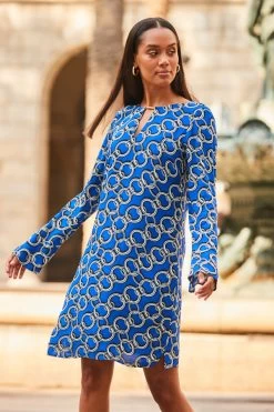 Blue Chain Print Tab Detail Shift Dress