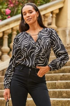 Black & Ivory Swirl Print Chain Detail Top
