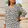 White & Black Geometric Print Button Detail Tunic Top