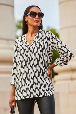 White & Black Geometric Print Button Detail Tunic Top