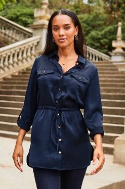 Navy Blue Satin Utility Tie Waist Shirt -Trendora Shop web 2307 52 s23tw088be0003 52 087