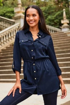 Navy Blue Satin Utility Tie Waist Shirt -Trendora Shop web 2307 52 s23tw088be0003 52 090