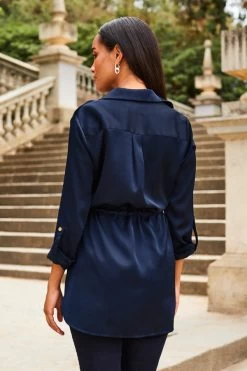 Navy Blue Satin Utility Tie Waist Shirt -Trendora Shop web 2307 52 s23tw088be0003 52 203