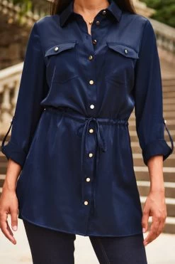 Navy Blue Satin Utility Tie Waist Shirt -Trendora Shop web 2307 52 s23tw088be0003 52 232
