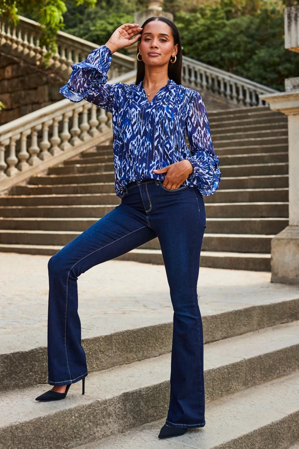 Blue Aztec Print Metallic Stripe Frill Sleeve Blouse 2 Blue Aztec Print Metallic Stripe Frill Sleeve Blouse - Image 2