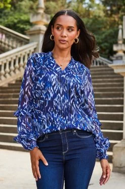 Blue Aztec Print Metallic Stripe Frill Sleeve Blouse 9 Blue Aztec Print Metallic Stripe Frill Sleeve Blouse -Trendora Shop web 2307 53 s23tw170blan01 53 069