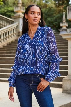 Blue Aztec Print Metallic Stripe Frill Sleeve Blouse
