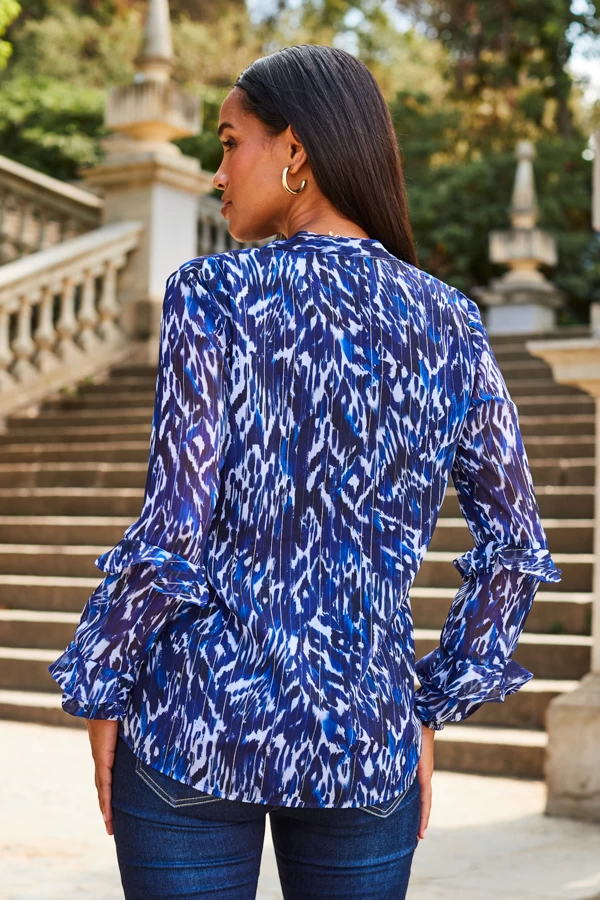 Blue Aztec Print Metallic Stripe Frill Sleeve Blouse 3 Blue Aztec Print Metallic Stripe Frill Sleeve Blouse - Image 3
