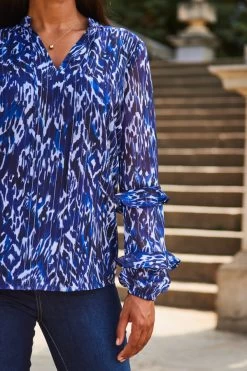 Blue Aztec Print Metallic Stripe Frill Sleeve Blouse 10 Blue Aztec Print Metallic Stripe Frill Sleeve Blouse -Trendora Shop web 2307 53 s23tw170blan01 53 169