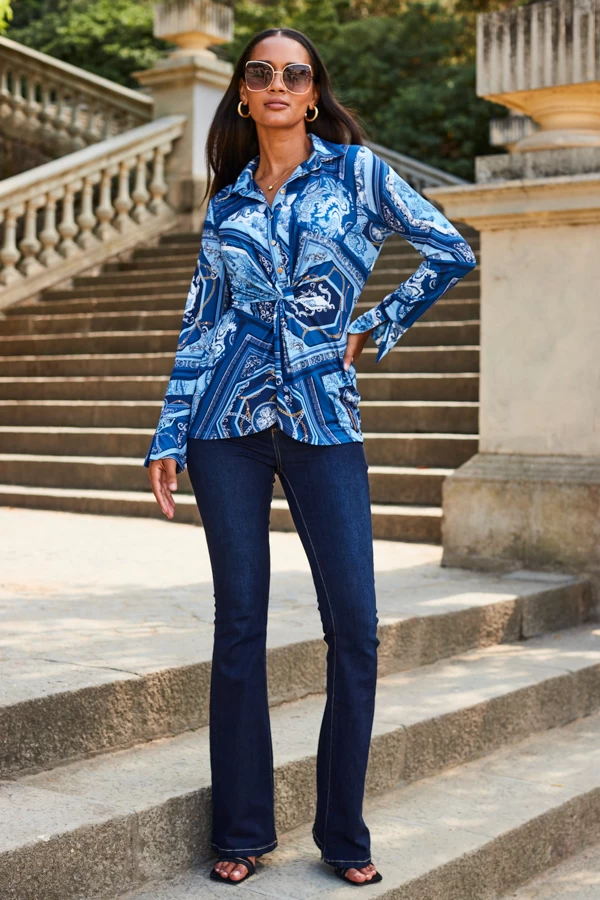 Blue Scarf Print Jersey Twist Front Shirt 2 Blue Scarf Print Jersey Twist Front Shirt - Image 2