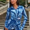 Blue Scarf Print Jersey Twist Front Shirt